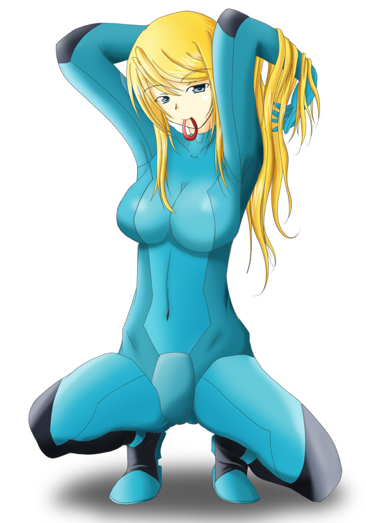 samus aran, metroid, metroid: zero mission, nintendo, 1girl, blonde hair, blue bodysuit, blue eyes, bodysuit, female focus, long hair, mouth hold, simple background, solo, spread legs, squatting, zero suit