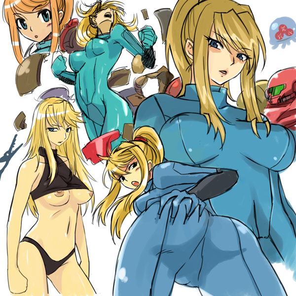 michael f91, metroid (creature), metroid larva, samus aran, metroid, metroid: zero mission, nintendo, super metroid, colorized, 1girl, ass, blonde hair, blue bodysuit, blue eyes, bodysuit, breasts, cameltoe, clothes lift, crotch, female focus, grabbing own ass, large breasts, long hair, nipples, ponytail, power suit (metroid), solo, sports bra, sports bra lift, uncensored, varia suit, zero suit
