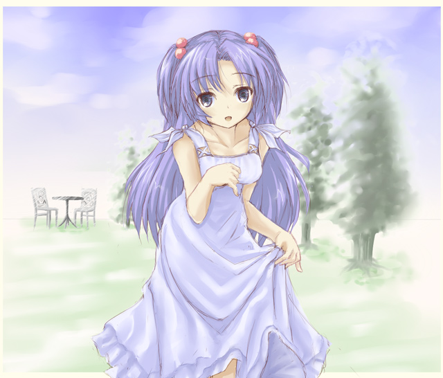 satou takeshi, ichinose kotomi, clannad, 00s, 1girl, dress, female focus, hair bobbles, hair ornament, long hair, solo, two side up