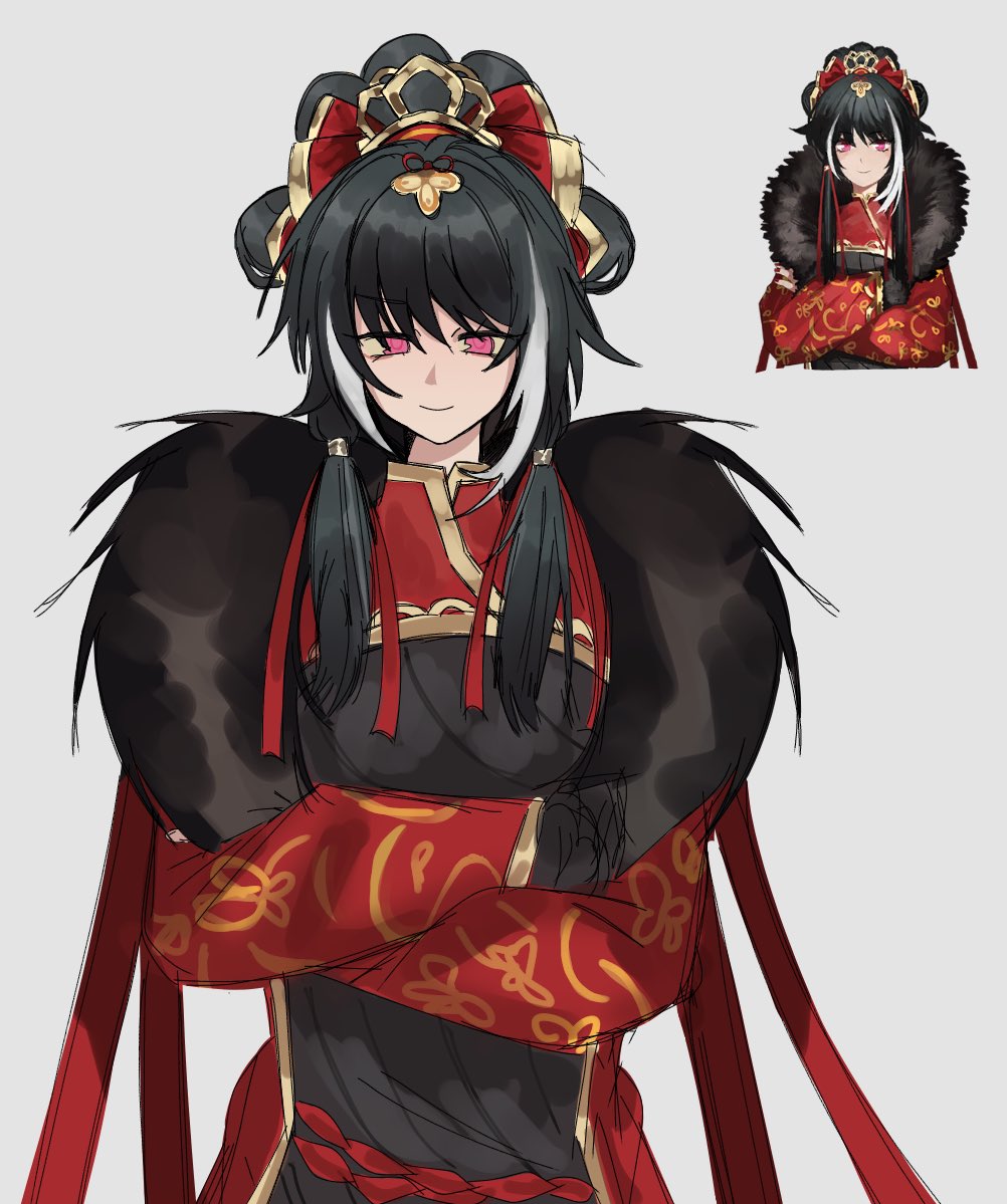 jia xichun (project moon), limbus company, project moon, photo-referenced, 1girl, black dress, black hair, chinese clothes, coat, crossed arms, crown, double bun, dress, empurpiee, fur trim, hair bun, long hair, long sleeves, looking at viewer, multicolored hair, photo inset, pink eyes, red shrug, red sleeves, reference inset, rope belt, simple background, smile, solo, streaked hair, twintails, white background, white streaks