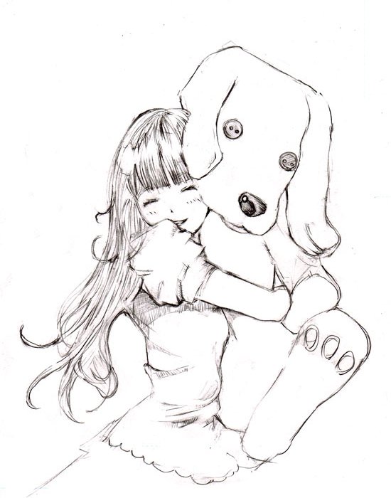 hirayama shinji, bad id, bad pixiv id, graphite (medium), traditional media, buttons, carrying, closed eyes, greyscale, happy, hug, monochrome, sketch, solo, stuffed toy