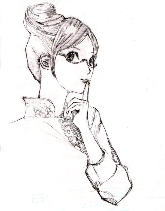 hirayama shinji, original, bad id, bad pixiv id, graphite (medium), traditional media, glasses, greyscale, monochrome, sketch, solo