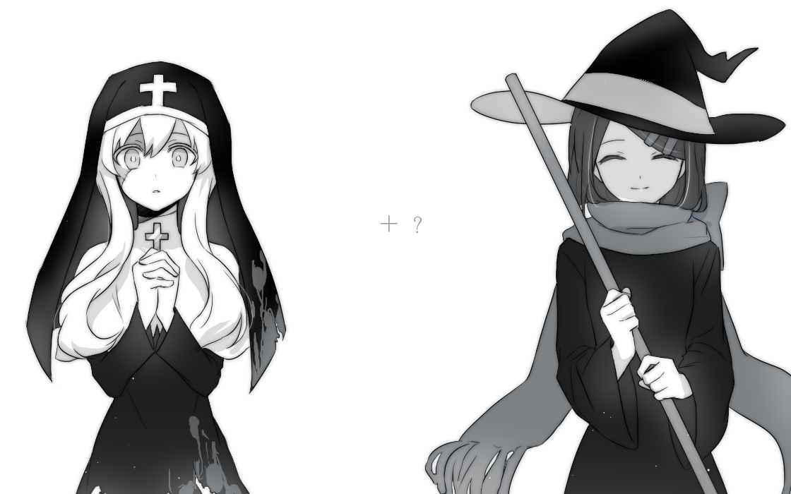 aaniko, kozakura marry, tateyama ayano, kagerou project, commentary request, 2girls, ?, ^ ^, alternate costume, broom, closed eyes, closed mouth, coif, cross, double-parted bangs, dress, enpera, expressionless, facing viewer, fringe trim, greek cross, hat, holding, holding broom, holding cross, interlocked fingers, latin cross, long hair, long sleeves, looking at viewer, multiple girls, nun, parted lips, scarf, simple background, smile, turtleneck, upper body, veil, wavy hair, white background, witch hat