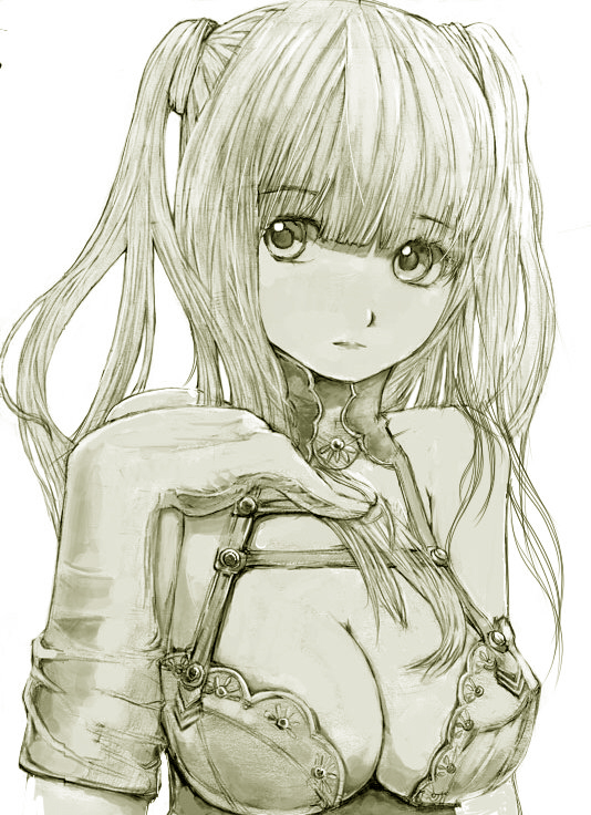 hirayama shinji, original, bad id, bad pixiv id, traditional media, 1girl, breasts, cleavage, female focus, green theme, monochrome, solo