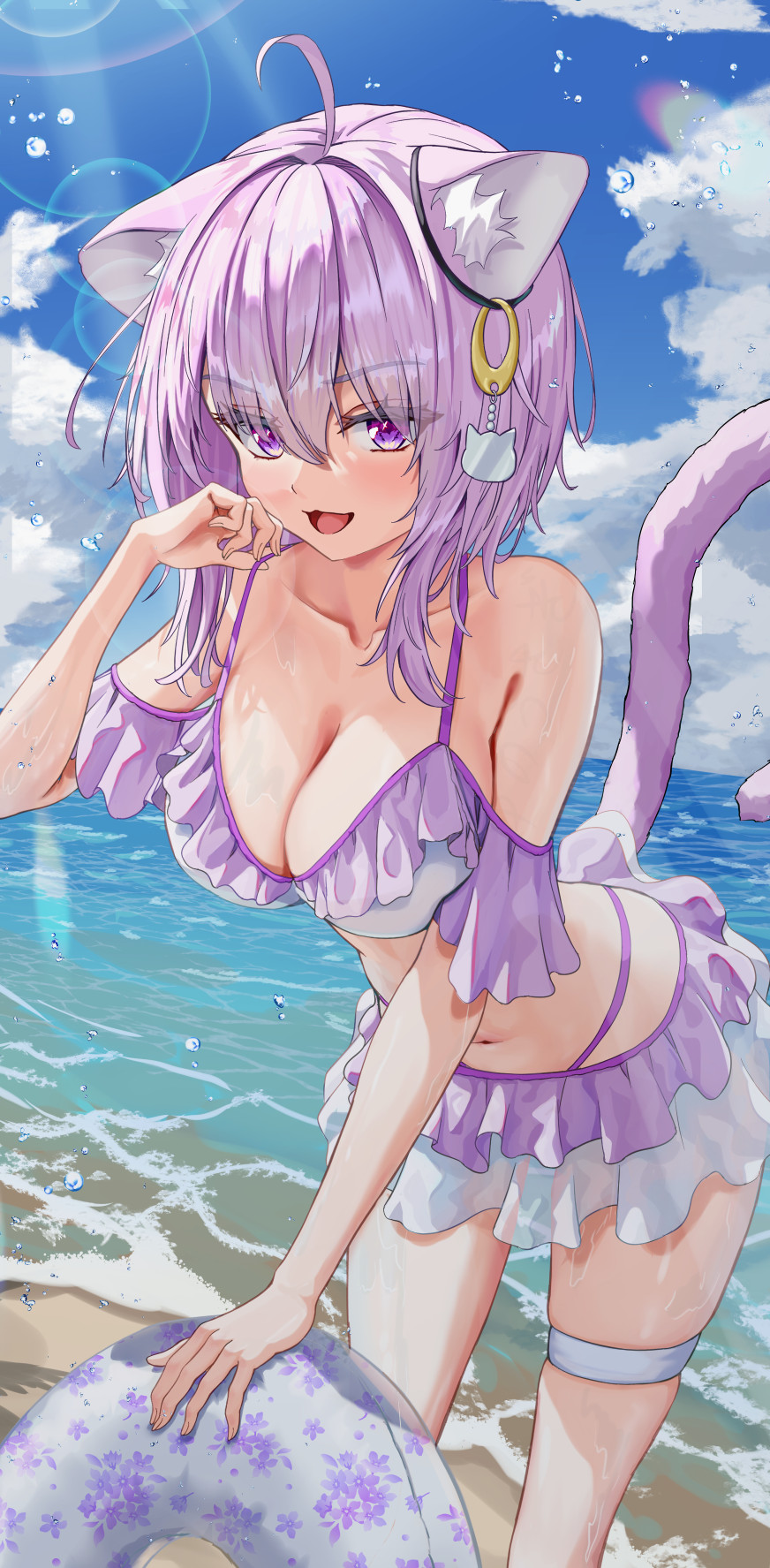 nekomata okayu, hololive, highres, 1girl, ahoge, animal ear fluff, animal ears, bare shoulders, beach, bikini, breasts, cat ears, cat girl, cat tail, cleavage, cloud, cloudy sky, collarbone, frilled bikini, frills, hair between eyes, large breasts, looking at viewer, medium hair, navel, open mouth, purple bikini, purple eyes, purple hair, sky, smile, solo, stomach, swimsuit, tail, thigh strap, virtual youtuber, yuno usagi