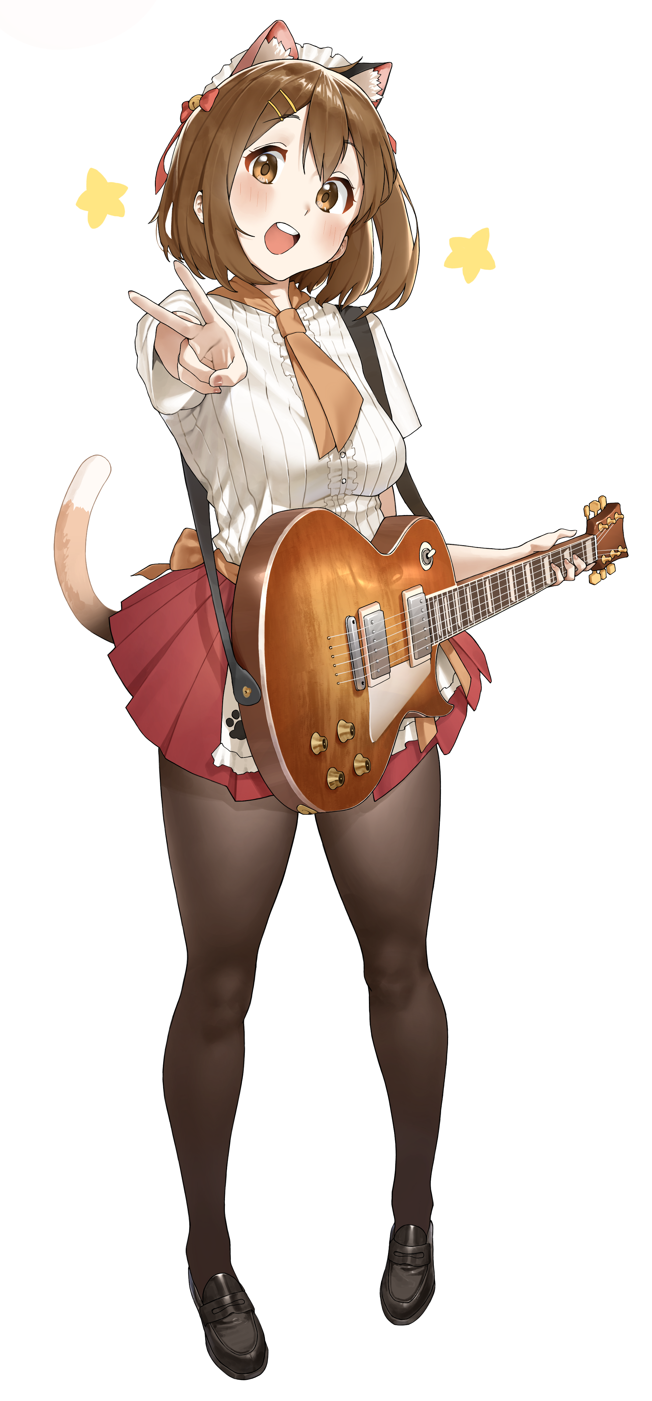 saya endo (27), hirasawa yui, k-on!, absurdres, commentary request, highres, 1girl, :d, alternate costume, animal ears, black shoes, breasts, brown eyes, brown hair, brown pantyhose, cat ears, cat tail, electric guitar, frilled shirt, frills, full body, gibson les paul, guitar, hair ornament, hairclip, holding, holding guitar, holding instrument, instrument, loafers, looking at viewer, maid headdress, medium breasts, necktie, open mouth, orange necktie, pantyhose, red skirt, shirt, shoes, short hair, short sleeves, simple background, skirt, smile, standing, star (symbol), tail, teeth, tongue, upper teeth only, v, white background, white shirt