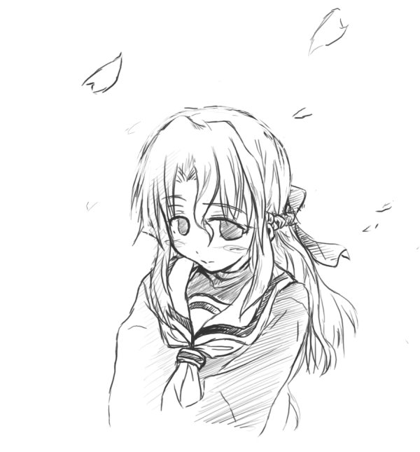 maria (hayate no gotoku!), hayate no gotoku!, non-web source, 00s, 1girl, cherry blossoms, female focus, greyscale, monochrome, school uniform, serafuku, solo