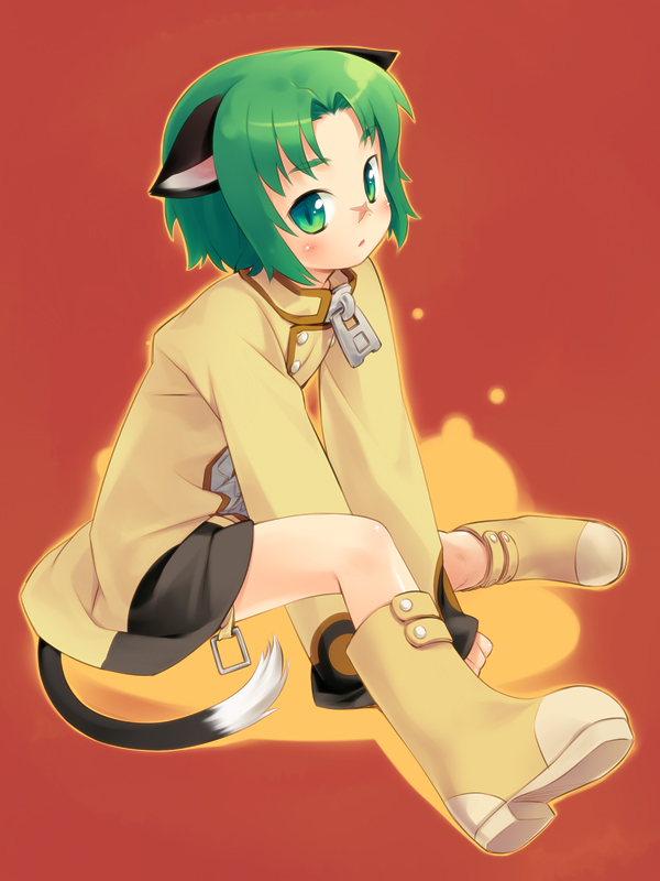 mizuki kotora, bad id, bad pixiv id, animal ears, boots, cat ears, cat tail, green eyes, green hair, solo, tail