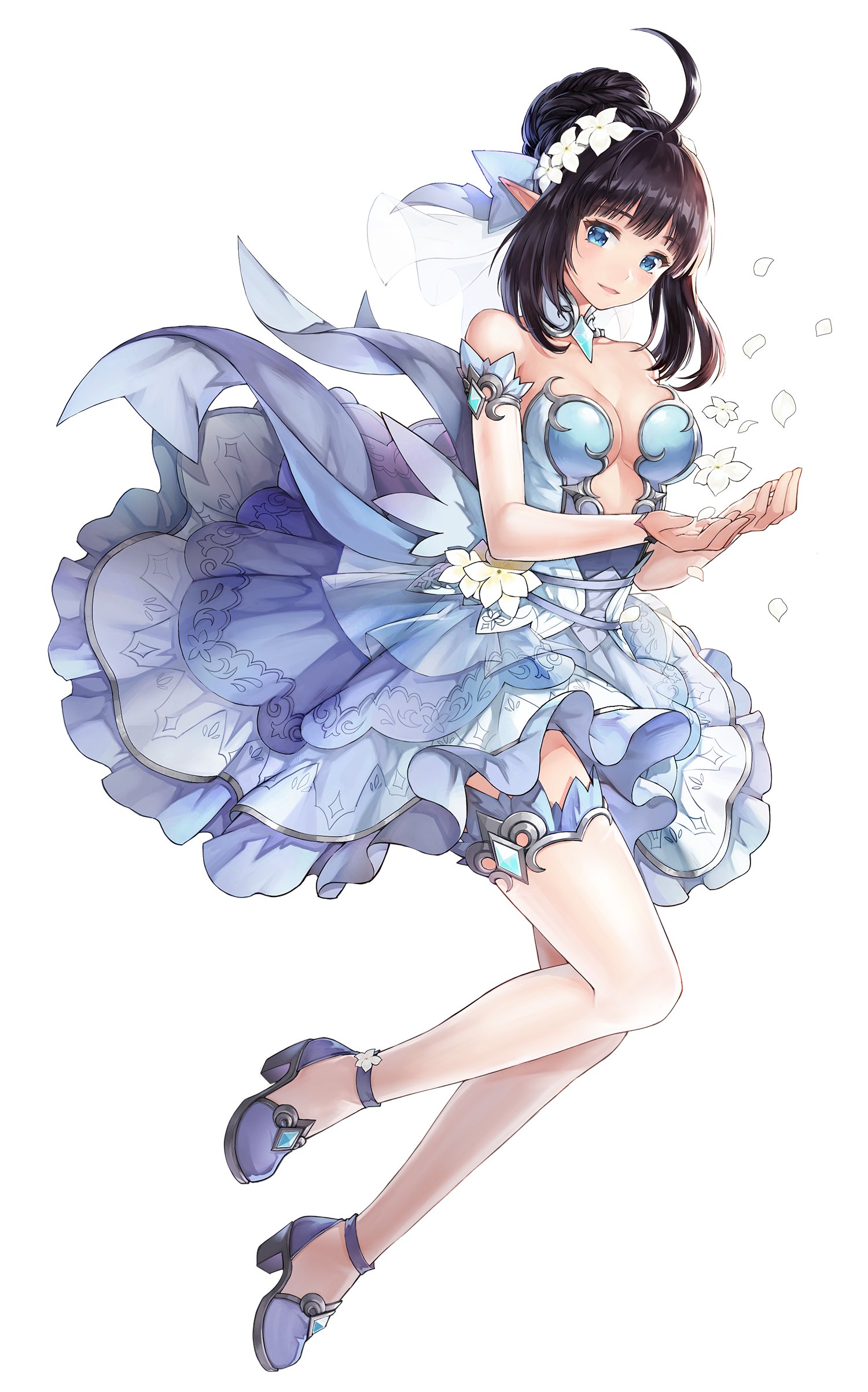 mirianne (king's raid), king's raid, absurdres, artist request, commentary, commentary request, english commentary, highres, korean commentary, mixed-language commentary, official art, second-party source, 1girl, ahoge, back ribbon, black hair, blue dress, blue eyes, blue ribbon, blue shoes, braid, braided bun, breasts, bridal veil, bride, cleavage, detached collar, detached sleeves, dress, dress flower, dress ribbon, falling petals, flower, full body, hair bun, hair flower, hair ornament, hair ribbon, high heels, layered dress, medium breasts, medium hair, official alternate costume, petals, pointy ears, ribbon, shoes, short dress, sidelocks, simple background, smile, solo, strapless, strapless dress, thighhighs, veil, wedding dress, white background, white flower, white sleeves, white thighhighs