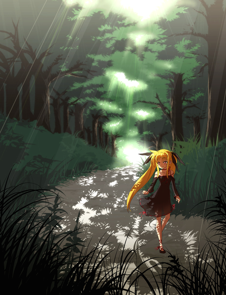 nekomamire, fate testarossa, lyrical nanoha, mahou shoujo lyrical nanoha, 00s, 1girl, female focus, forest, full body, grass, nature, outdoors, plant, scenery, solo, tree, walking