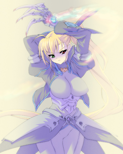 nekomamire, vivio, lyrical nanoha, mahou shoujo lyrical nanoha, mahou shoujo lyrical nanoha strikers, 00s, 1girl, aged up, blonde hair, bodysuit, breasts, claws, female focus, heterochromia, solo, standing