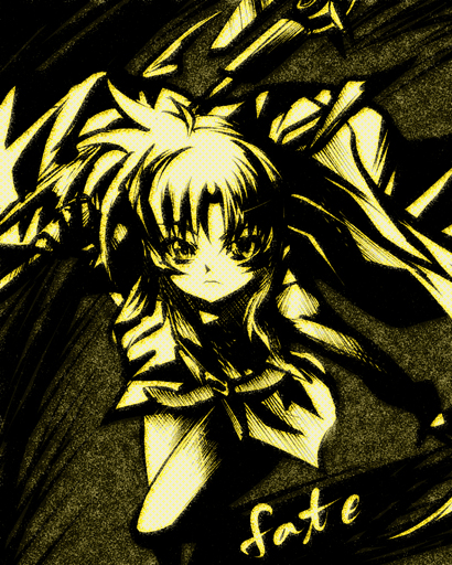 nekomamire, fate testarossa, lyrical nanoha, mahou shoujo lyrical nanoha, uniform, 00s, 1girl, character name, closed mouth, dress, expressionless, female focus, long sleeves, looking at viewer, monochrome, solo, yellow theme