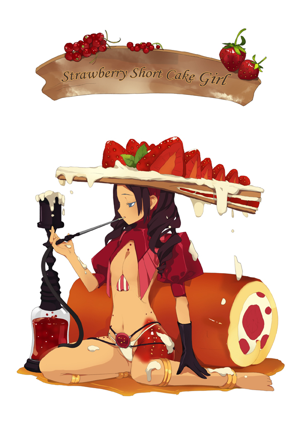 tako ashin, original, 1girl, blue eyes, brown hair, female focus, food, food-themed clothes, food as clothes, food focus, fruit, hookah, personification, smoking pipe, solo, strawberry
