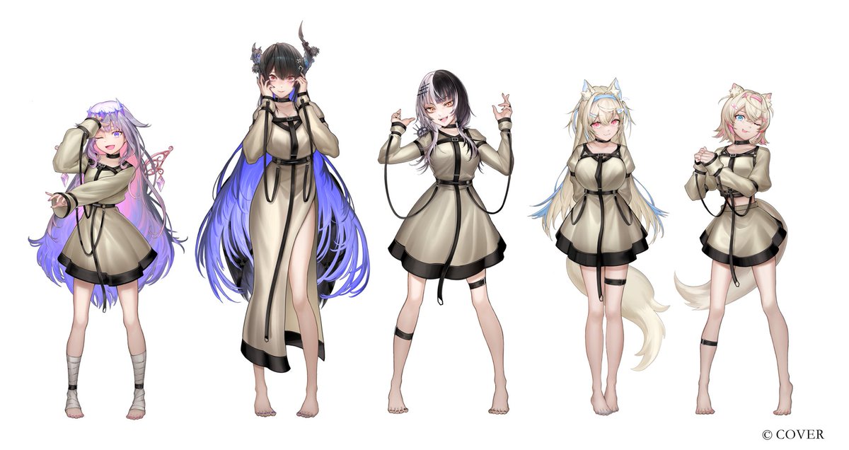 atsuki0814, fuwawa abyssgard, koseki bijou, mococo abyssgard, nerissa ravencroft, shiori novella, holoadvent, hololive, hololive english, bilingual commentary, commentary, english commentary, mixed-language commentary, official art, 5girls, :d, ;d, ;p, alternate costume, animal ears, arms behind back, asymmetrical horns, bandaged leg, bandages, bandaid, bandaid hair ornament, barefoot, black hair, black wings, blonde hair, blue eyes, blue hair, blue hairband, center-flap bangs, closed mouth, colored inner hair, copyright notice, crossed bangs, detached wings, dog ears, dog girl, dog tail, double-parted bangs, dress, feathered wings, flower, full body, gem, gradient hair, grey dress, grey shirt, grey skirt, hair between eyes, hair flaps, hair ornament, hairband, hairclip, hand up, hands up, headpiece, horn flower, horn hairband, horns, jewel under eye, juliet sleeves, long dress, long hair, long sleeves, low wings, metal wings, miniskirt, multicolored hair, multiple girls, one eye closed, open mouth, parallel hairclips, pink eyes, pink hair, pink hairband, puffy sleeves, purple eyes, purple gemstone, purple hair, shirt, short dress, short hair, side slit, sidelocks, simple background, skirt, smile, split-color hair, straitjacket, streaked hair, tail, thigh strap, tongue, tongue out, two side up, uneven horns, very long hair, virtual youtuber, white background, wings, x hair ornament, yellow eyes