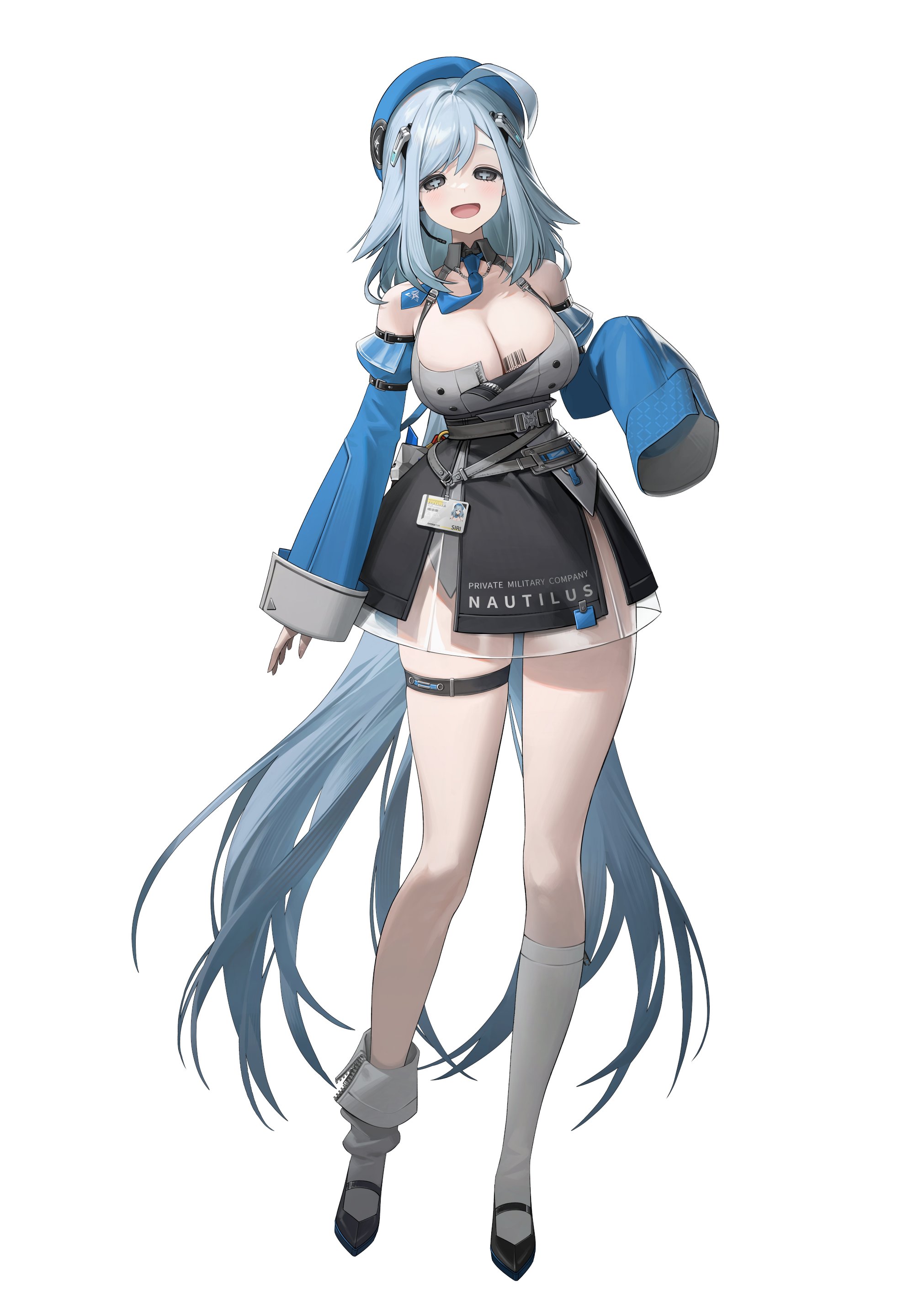 zhu yin (mannermana), original, absurdres, highres, 1girl, ahoge, asymmetrical legwear, barcode, barcode tattoo, bare shoulders, belt, beret, black eyes, black shoes, black skirt, blue hair, blue hat, blue necktie, blue sleeves, breast tattoo, breasts, character name, cleavage, collar, cross-shaped pupils, detached sleeves, dress, full body, grey collar, grey dress, hat, id card, large breasts, layered skirt, long hair, long sleeves, looking at viewer, necktie, open mouth, shoes, simple background, skirt, sleeveless, sleeveless dress, socks, solo, standing, strap, symbol-shaped pupils, tattoo, very long hair, white background, white socks