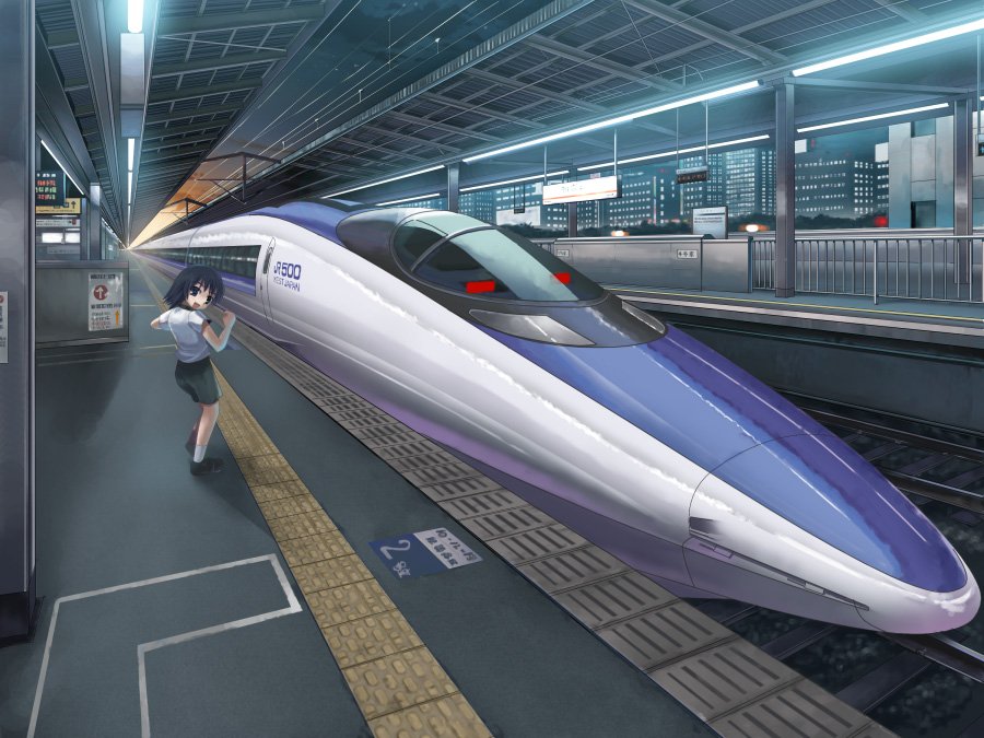 naox, original, shinkansen, 1girl, black hair, female focus, high-speed train, solo, tactile paving, train, train station