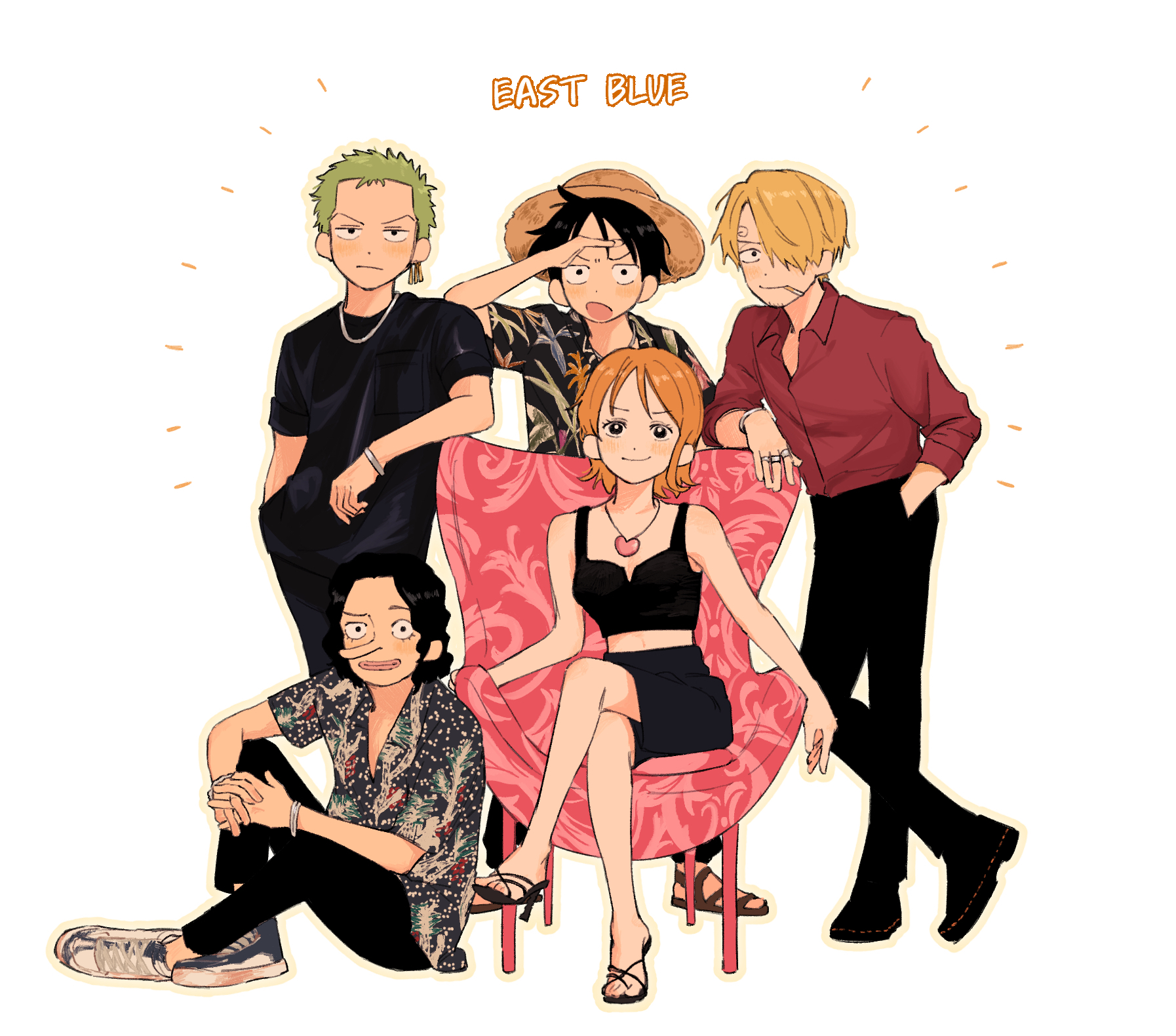 iqracha, monkey d. luffy, nami (one piece), roronoa zoro, sanji (one piece), usopp, one piece, highres, 1girl, 4boys, arm rest, black pants, black shirt, blonde hair, chair, earrings, green hair, hand in pocket, hat, hawaiian shirt, jewelry, location name, looking afar, male focus, multiple boys, orange hair, pants, red shirt, ring, sandals, shirt, shoes, short hair, sitting, sneakers, straw hat, white background
