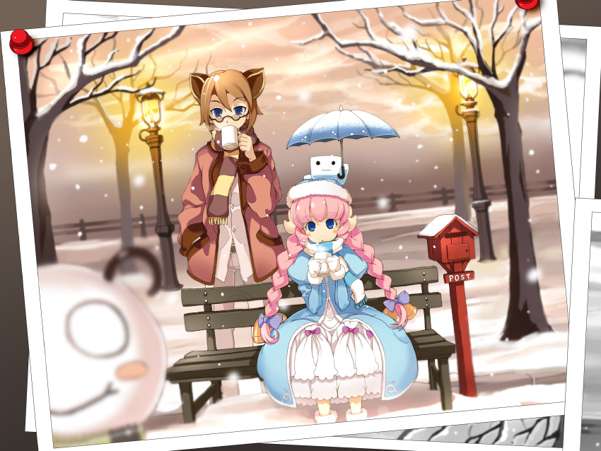 armcho, raccoon (trickster), sheep (trickster), trickster (ntreev soft), 10s, 2girls, bench, blue eyes, braid, brown hair, dress, hand in pocket, lamppost, long hair, multiple girls, pink hair, scarf, sitting, snow, snowing, standing, steam, tree, twin braids, winter