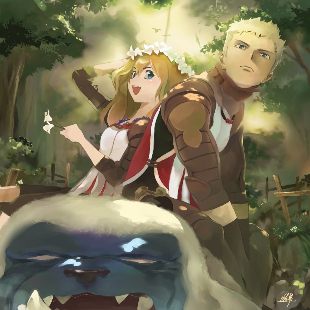 umi no manateii, original, looking away, bad id, bad pixiv id, 1boy, 1girl, :d, animal, back-to-back, bird, blonde hair, blue eyes, blush, bush, closed mouth, dappled sunlight, fence, flower, frown, gloves, grass, hair between eyes, hand on own head, head wreath, holding, holding flower, jewelry, long hair, looking up, marble (toy), necklace, open mouth, outdoors, pants, shade, signature, sitting, sitting on animal, smile, sunlight, three-quarter sleeves, tree, white flower