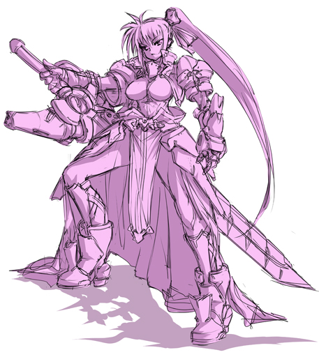nekomamire, laevatein (nanoha), signum, lyrical nanoha, mahou shoujo lyrical nanoha, mahou shoujo lyrical nanoha a's, 00s, 1girl, alternate weapon, armor, female focus, monochrome, ponytail, purple theme, solo, sword, weapon, whip sword