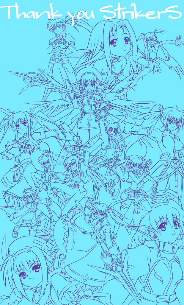 nekomamire, agito, agito (nanoha), bardiche (nanoha), blitz caliber, caro ru lushe, cross mirage, erio mondial, fate testarossa, ginga nakajima, kerykeion (nanoha), laevatein (nanoha), lutecia, lutecia alpine, mach caliber, raising heart, reinforce zwei, revolver knuckle, schwertkreuz, shamal, signum, strada, subaru nakajima, takamachi nanoha, teana lanster, vita (nanoha), vivio, yagami hayate, lyrical nanoha, mahou shoujo lyrical nanoha, mahou shoujo lyrical nanoha strikers, 00s, 1boy, 6+girls, blue theme, english text, magical boy, magical girl, monochrome, multiple girls, ponytail, twintails, wings