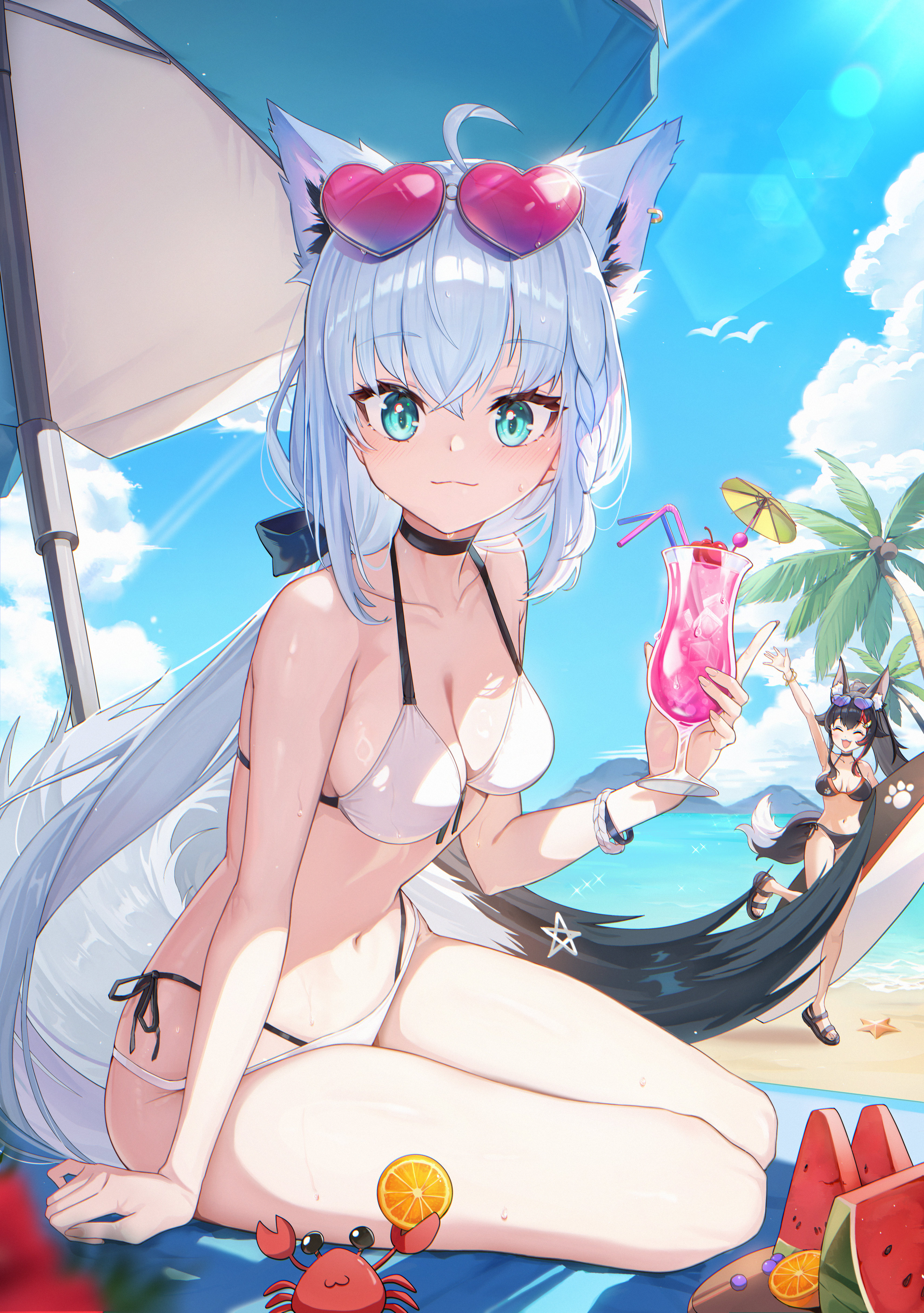 jinami (273 j2), ookami mio, shirakami fubuki, hololive, holonatsu paradise, absurdres, highres, 2girls, ahoge, alternate costume, animal ear piercing, animal ears, aqua eyes, bikini, black bikini, black hair, breasts, closed eyes, closed mouth, crab, cup, drinking straw, eyewear on head, food, fox ears, fox girl, fox tail, fruit, full body, glass, hair between eyes, heart, heart-shaped eyewear, holding, holding cup, holding surfboard, long hair, looking at viewer, medium breasts, multicolored hair, multiple girls, navel, open mouth, orange (fruit), orange slice, palm tree, pentagram, red hair, sandals, sitting, smile, stomach, surfboard, swimsuit, tail, tree, virtual youtuber, white bikini, white hair, wolf ears, wolf girl, wolf tail, yokozuwari