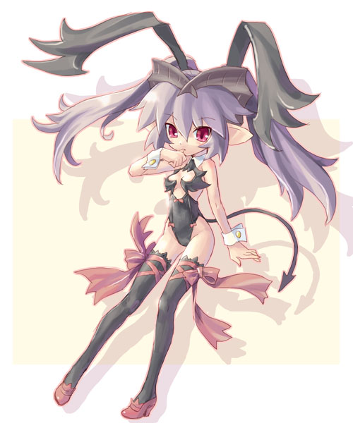 katahira masashi, original, 1girl, animal ears, fake animal ears, female focus, full body, high heels, leotard, long hair, pink hair, playboy bunny, pointy ears, purple hair, rabbit ears, red eyes, shoes, solo, tail, thighhighs, twintails