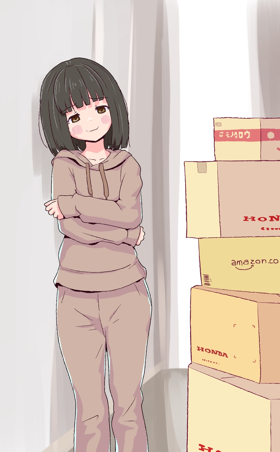 jagi (jagi souken), koguma (super cub), super cub, highres, 1girl, black hair, blush stickers, bob cut, box, brown eyes, cardboard box, crossed arms, hood, hoodie, indoors, medium hair, smile, solo, track suit