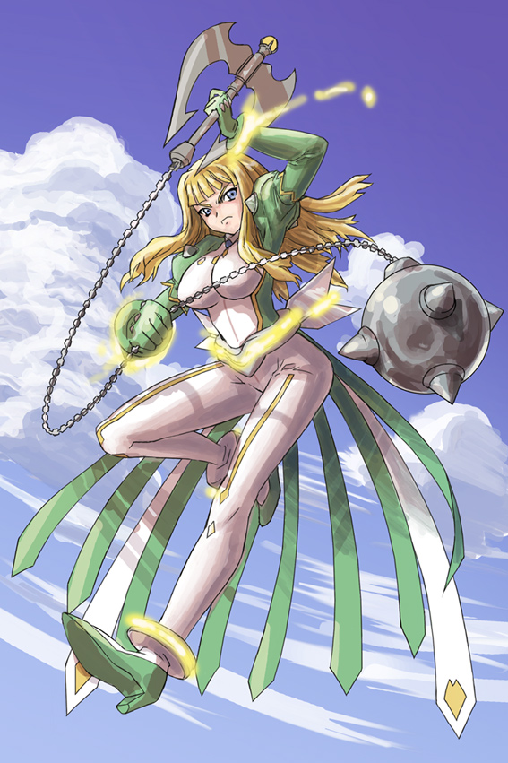 nekomamire, haruka armitage, my-otome, 00s, 1girl, angry, axe, ball and chain (weapon), blonde hair, blue eyes, blue sky, bodysuit, cloud, day, female focus, flying, full body, long hair, looking at viewer, mace, sidelocks, skin tight, sky, solo, spiked mace, spikes, warrior, weapon