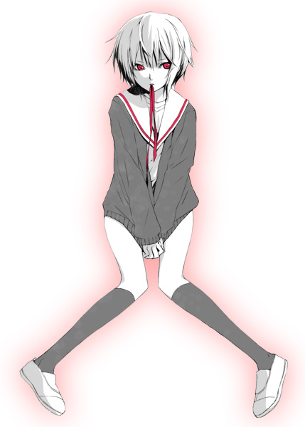 hijiki (hijikini), hijikini, nagato yuki, suzumiya haruhi no yuuutsu, 00s, 1girl, bottomless, cardigan, female focus, kneehighs, mouth hold, red eyes, ribbon, socks, solo