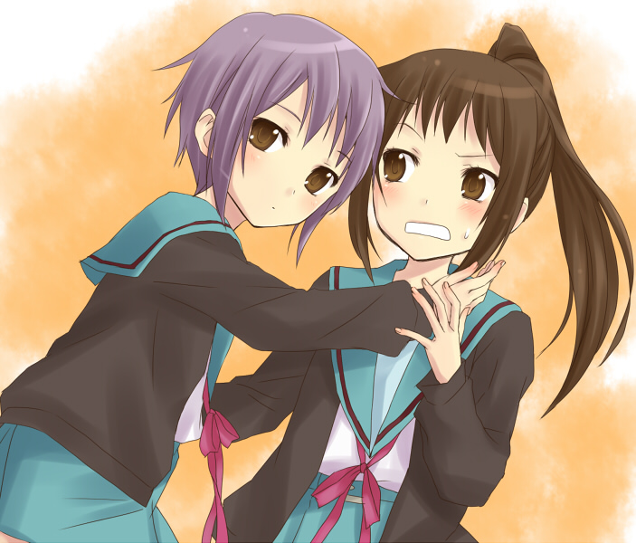 hijiki (hijikini), hijikini, kyon, kyonko, nagato yuki, suzumiya haruhi no yuuutsu, 00s, 2girls, blush, brown eyes, cardigan, genderswap, genderswap (mtf), long sleeves, multiple girls, ponytail, purple hair, school uniform, serafuku, short hair, sweatdrop