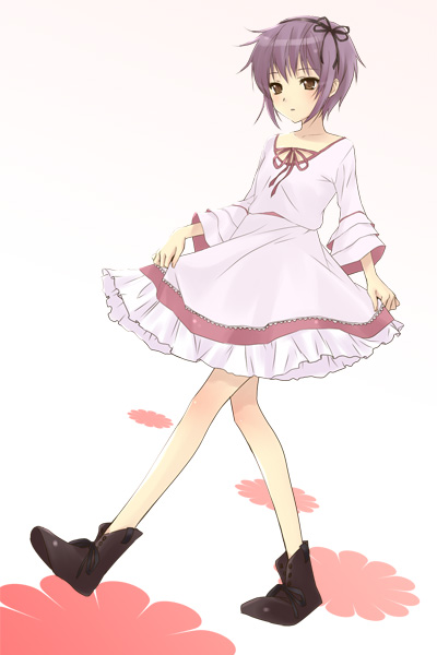 hijiki (hijikini), hijikini, nagato yuki, suzumiya haruhi no yuuutsu, eyebrows, 00s, 1girl, alternate costume, black ribbon, blush, boots, dress, female focus, flower, frills, full body, gradient background, hair ribbon, hairband, long sleeves, purple hair, red ribbon, ribbon, sash, short hair, skirt hold, solo, walking, yellow eyes
