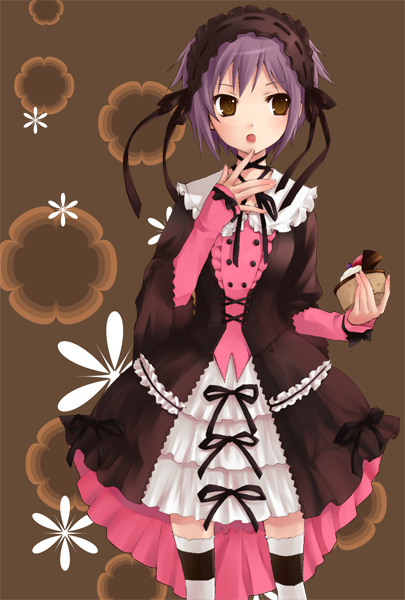 hijiki (hijikini), hijikini, nagato yuki, suzumiya haruhi no yuuutsu, black neckwear, bad id, bad pixiv id, 00s, 1girl, :p, black dress, black ribbon, brown background, brown eyes, buttons, cake, cowboy shot, double-breasted, dress, female focus, finger to mouth, food, frilled hairband, frilled shirt collar, frills, gothic lolita, hair ribbon, hairband, holding, holding poke ball, layered dress, layered sleeves, lolita fashion, lolita hairband, long sleeves, looking to the side, poke ball, purple hair, ribbon, ribbon trim, short hair, simple background, sleeves past wrists, solo, standing, striped clothes, striped thighhighs, thighhighs, tongue, tongue out, wide sleeves, zettai ryouiki