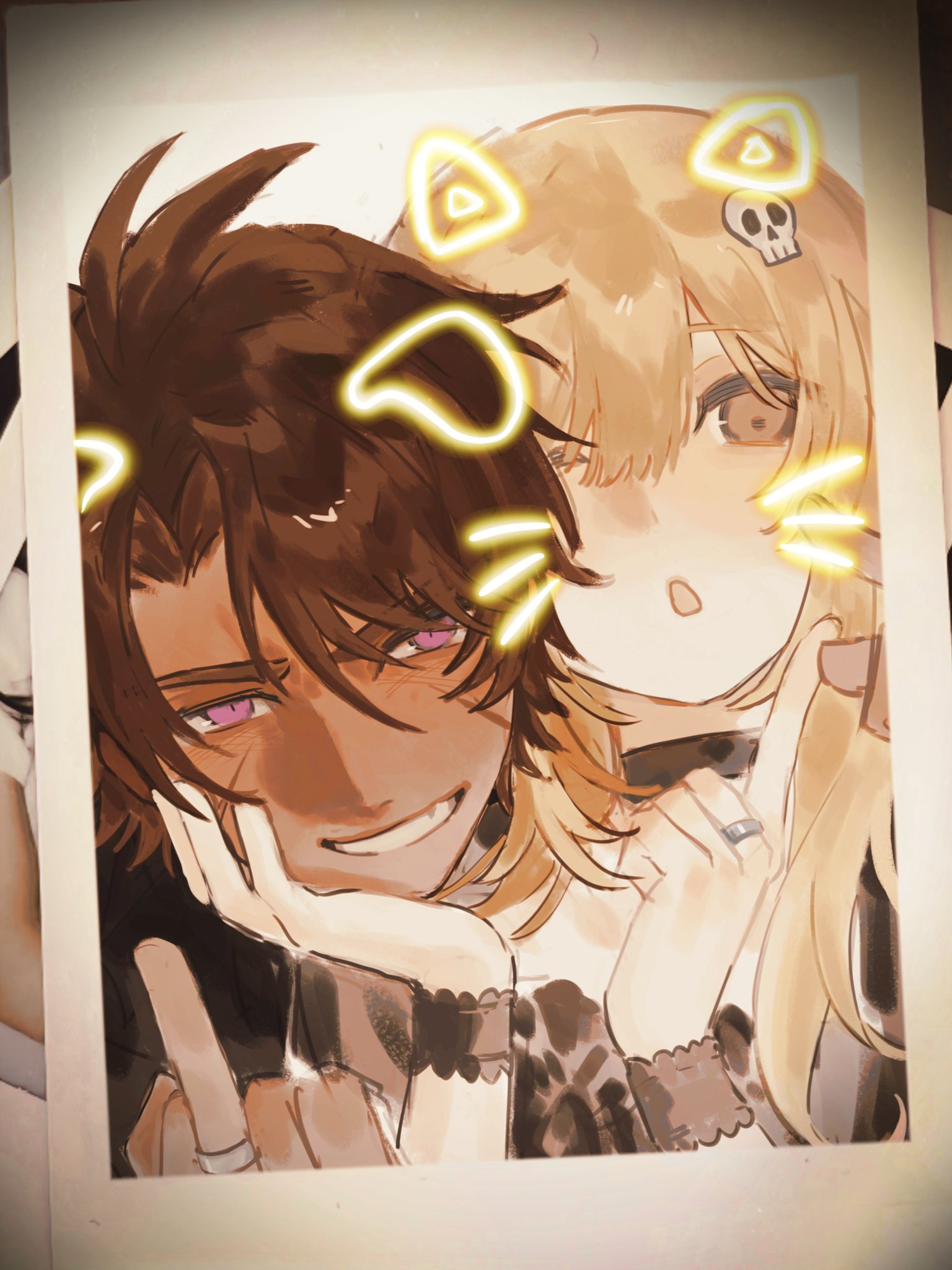 ling zhiyun, catherine (project moon), heathcliff (project moon), limbus company, project moon, highres, 1boy, 1girl, :o, animal ears, black choker, black dress, black jacket, black wrist cuffs, blonde hair, brown eyes, brown hair, cat ears, choker, couple, dark skin, dog ears, dress, face filter, facial mark, facial scar, goth fashion, hair ornament, hand on another's cheek, hand on another's chin, hand on another's face, jacket, jewelry, long hair, matching ring, middle finger, multiple scars, photo (object), purple eyes, ring, scar, scar on cheek, scar on face, short hair, sidelocks, skull hair ornament, smile, whisker markings, whiskers, wrist cuffs