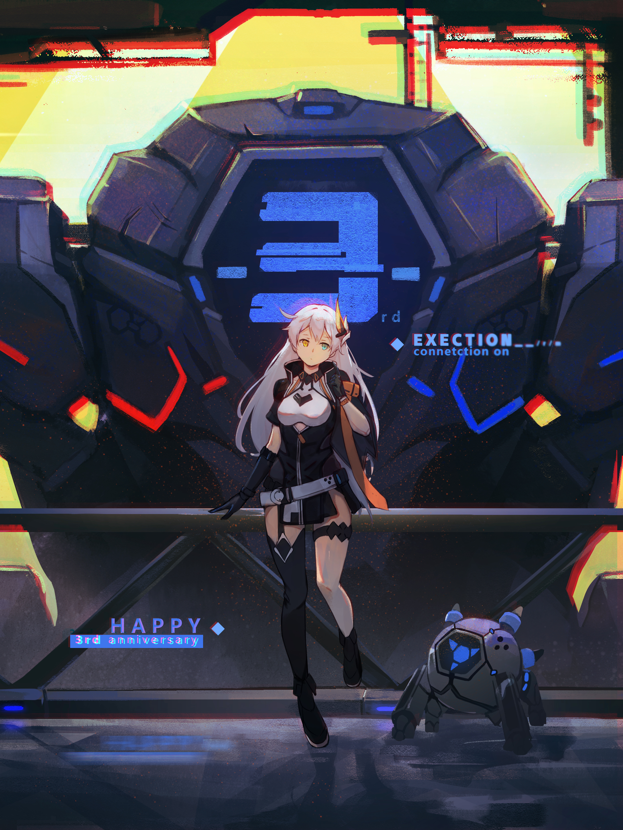 luojiwei, kiana kaslana, kiana kaslana (void drifter), honkai (series), honkai impact 3rd, absurdres, commentary request, highres, 1girl, anniversary, black gloves, black jacket, black shoes, black thighhighs, blue eyes, full body, gloves, hair ornament, happy anniversary, heterochromia, jacket, long hair, looking at viewer, robot, shoes, short sleeves, single thighhigh, solo, standing, standing on one leg, thighhighs, white hair, yellow eyes