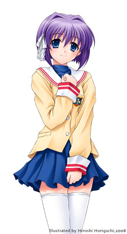 horiguchi hiroshi, fujibayashi ryou, clannad, 00s, blue eyes, purple hair, school uniform, serafuku, short hair, skirt, solo, thighhighs, white thighhighs