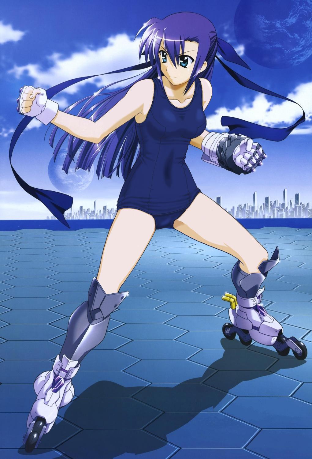 okuda yasuhiro, blitz caliber, ginga nakajima, revolver knuckle, subaru nakajima, lyrical nanoha, mahou shoujo lyrical nanoha, mahou shoujo lyrical nanoha strikers, highres, jpeg artifacts, third-party edit, 00s, 1girl, blue hair, female focus, fighting stance, fingerless gloves, gauntlets, gloves, inline skates, long hair, one-piece swimsuit, planet, purple hair, roller skates, school swimsuit, skates, solo, swimsuit