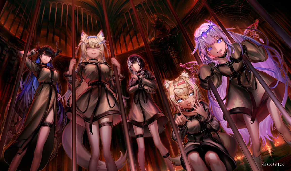 atsuki0814, fuwawa abyssgard, koseki bijou, mococo abyssgard, nerissa ravencroft, shiori novella, holoadvent, hololive, hololive english, bilingual commentary, commentary, english commentary, mixed-language commentary, official art, 5girls, :d, animal ears, asymmetrical horns, bandaid, bandaid hair ornament, black hair, black wings, blonde hair, blue eyes, blue hair, blue hairband, center-flap bangs, closed mouth, colored inner hair, copyright notice, crossed bangs, detached wings, dog ears, dog girl, dog tail, double-parted bangs, dress, feathered wings, flower, gem, gradient hair, grey dress, hair between eyes, hair flaps, hair ornament, hairband, hairclip, headpiece, horn flower, horn hairband, horns, indoors, jewel under eye, juliet sleeves, long dress, long hair, long sleeves, looking at viewer, low wings, metal wings, multicolored hair, multiple girls, open mouth, parallel hairclips, pink eyes, pink hair, pink hairband, pointing, pointing at viewer, puffy sleeves, purple eyes, purple gemstone, purple hair, short dress, short hair, side slit, sidelocks, sleeves past wrists, smile, split-color hair, squatting, standing, straitjacket, streaked hair, tail, thigh strap, two side up, uneven horns, very long hair, virtual youtuber, wings, x hair ornament, yellow eyes