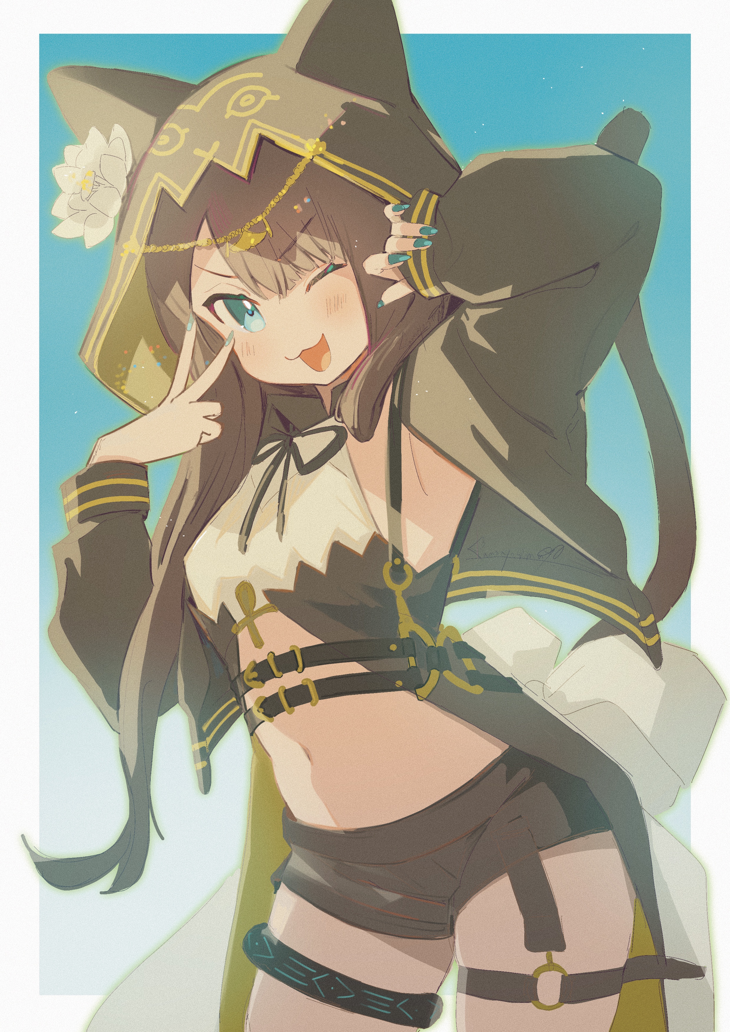 kamonosima 2, infection monitor (arknights), pepe (arknights), arknights, absurdres, commentary request, highres, 1girl, :3, animal ear hood, animal ears, belt, belt buckle, black ribbon, black shorts, blue eyes, blush, brown hair, buckle, cat girl, cat tail, ears under headwear, fake animal ears, flower, hood, hood up, hooded jacket, jacket, long hair, long sleeves, midriff, navel, open mouth, ribbon, shorts, sky, smile, solo, star (sky), starry sky, tail, tail raised, thigh strap, white flower
