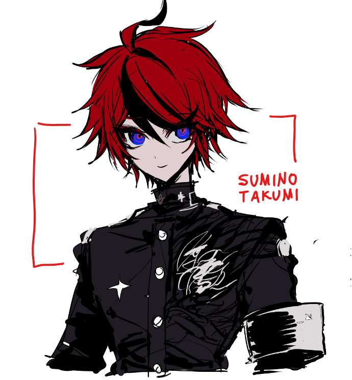 sumino takumi, the hundred line -last defense academy-, 1boy, ahoge, armband, black hair, black jacket, blue eyes, buttons, character name, closed mouth, cropped torso, hair between eyes, hole in chest, hole on body, jacket, last defense academy school uniform, long sleeves, male focus, multicolored hair, nyab oo, red hair, school uniform, short hair, simple background, sketch, smile, solo, streaked hair, two-tone hair, white armband, white background