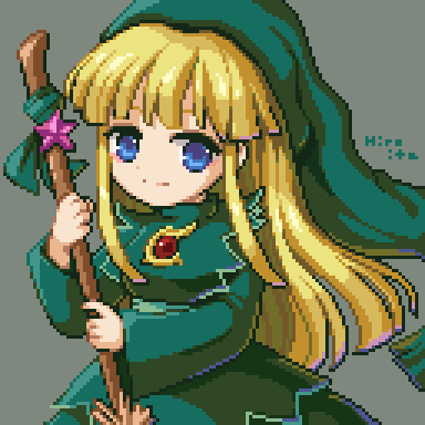 hiroita, witch (puyopuyo), puyopuyo, puyopuyo n, commentary request, lowres, 1girl, blonde hair, blue eyes, brooch, broom, dress, green dress, green hat, grey background, hat, holding, holding broom, jewelry, long hair, long sleeves, looking at viewer, pixel art, signature, simple background, smile, solo