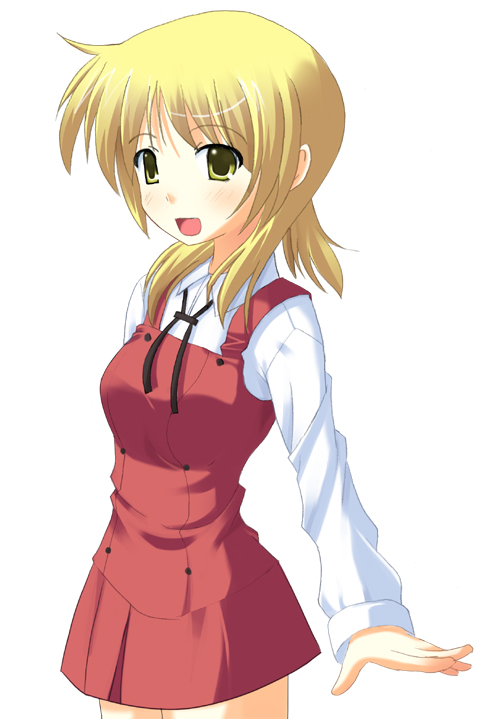 odaya, odayan, miyako (hidamari sketch), hidamari sketch, 00s, 1girl, :d, blonde hair, blouse, collared shirt, dress, female focus, green eyes, long sleeves, looking at viewer, open mouth, outstretched arms, red dress, school uniform, serafuku, shirt, short hair, smile, solo, white shirt, yamabuki high school uniform