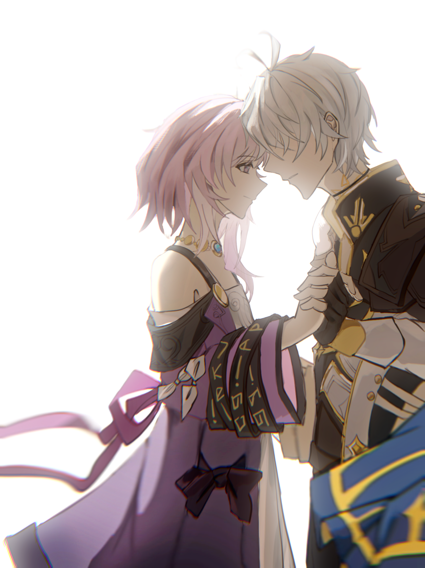 cyrene (honkai: star rail), phainon (honkai: star rail), honkai: star rail, honkai (series), chinese commentary, commentary request, highres, 1boy, 1girl, ahoge, bare shoulders, black gloves, blue eyes, coat, couple, dress, feng hua hai, fingerless gloves, gloves, interlocked fingers, jewelry, necklace, pink hair, purple coat, short hair, simple background, white background, white dress, white hair