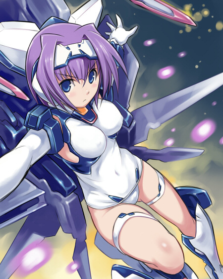maruto!, exelica, trigger heart exelica, 1girl, blue eyes, blush, breasts, covered erect nipples, detached sleeves, female focus, mecha musume, medium breasts, one-piece swimsuit, purple hair, school swimsuit, short hair, solo, swimsuit, white one-piece swimsuit, white school swimsuit