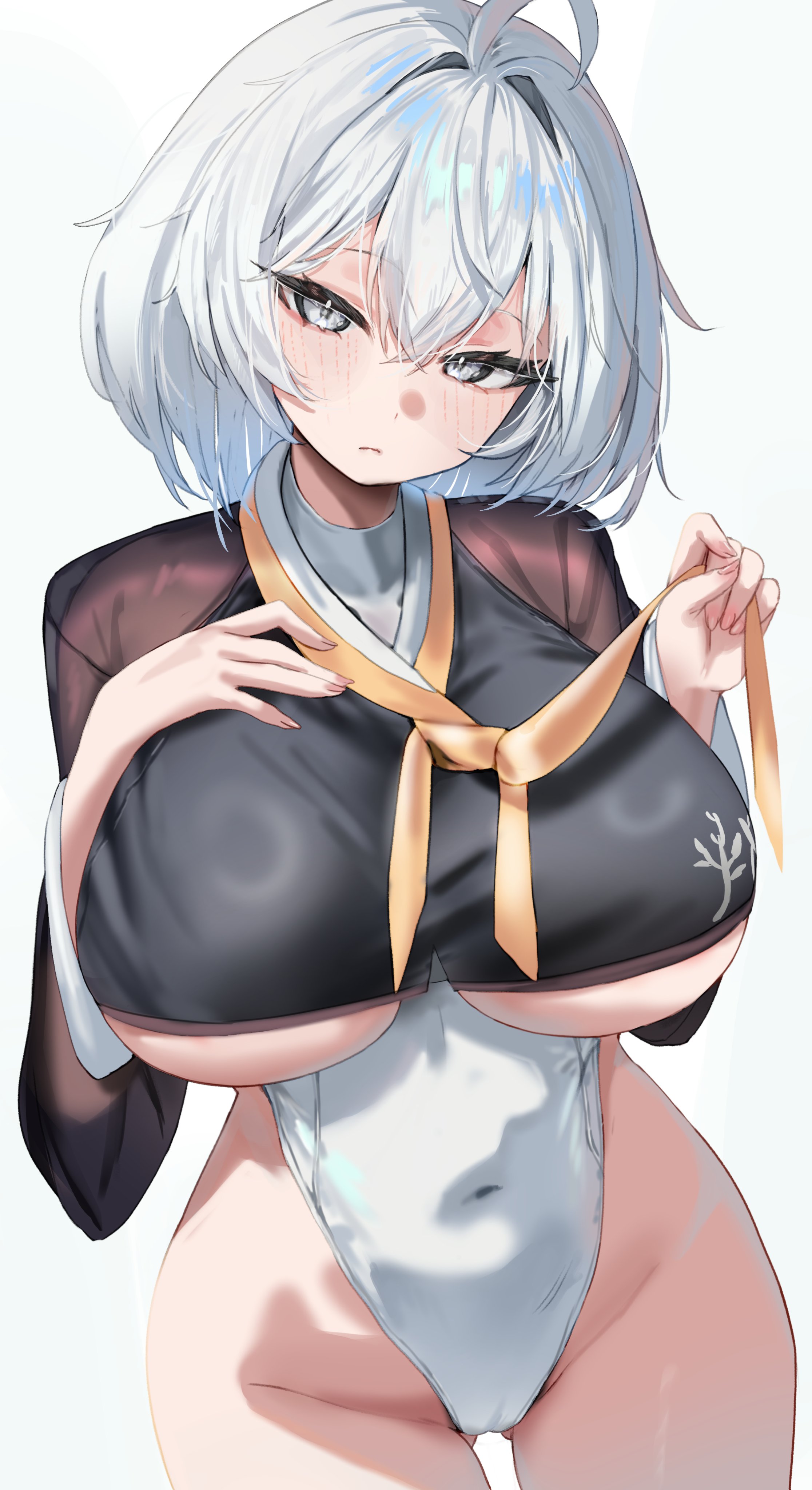 krabking, original, absurdres, highres, 1girl, ||/, ahoge, blush, breasts, cameltoe, clothes lift, covered navel, cowboy shot, crop top, crop top overhang, gluteal fold, grey eyes, grey hair, groin, hair between eyes, highleg, large breasts, looking at viewer, ribbon, short hair, simple background, solo, thigh gap, underboob, white background, yellow ribbon