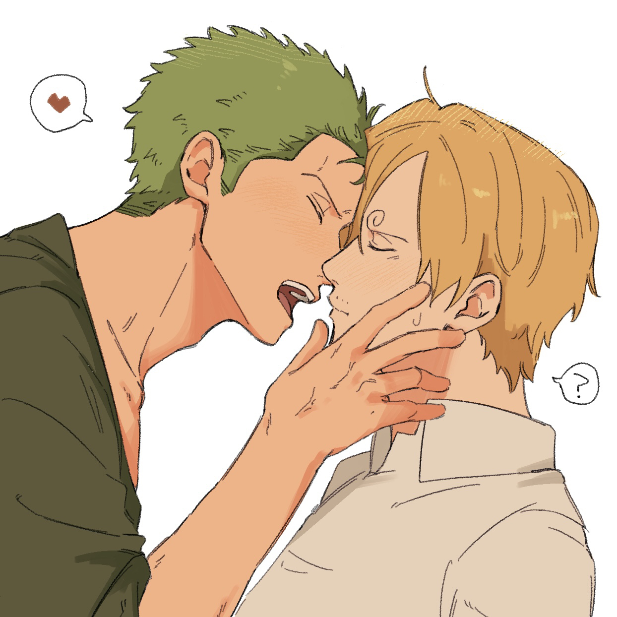 iqracha, roronoa zoro, sanji (one piece), one piece, commentary, highres, 2boys, ?, adam's apple, blonde hair, blush, curly eyebrows, facial hair, from side, goatee stubble, green hair, green shirt, heart, imminent kiss, male focus, multiple boys, mustache stubble, open mouth, shirt, short hair, sideburns, spoken heart, spoken question mark, stubble, white shirt, yaoi