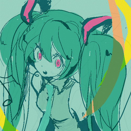 l hakase, hatsune miku, vocaloid, bad id, bad pixiv id, lowres, aqua hair, necktie, pink eyes, sketch, solo, twintails