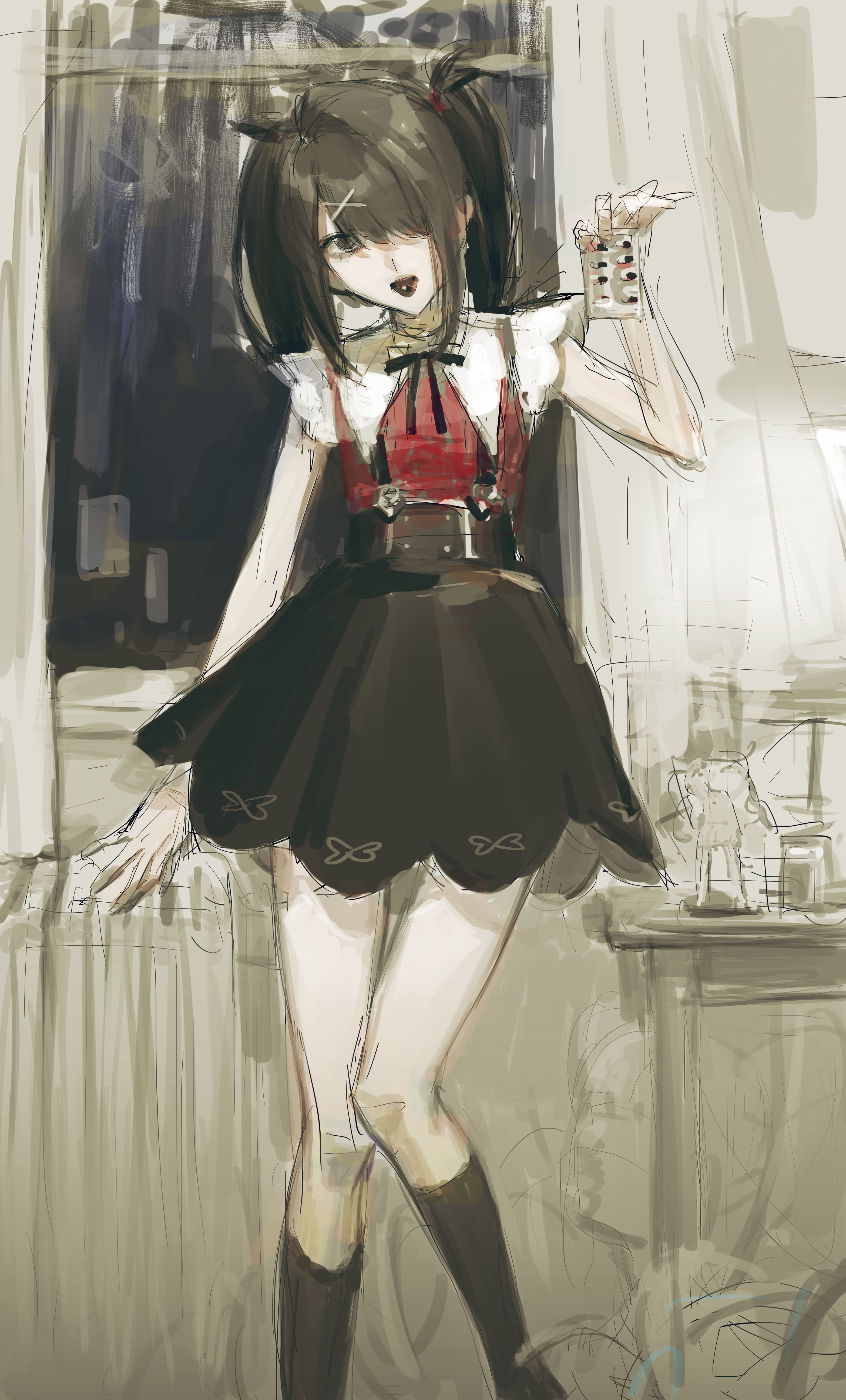 ame-chan (needy girl overdose), needy girl overdose, absurdres, highres, unfinished, 1girl, ame (xhs 26281584742), black eyes, black hair, black ribbon, black skirt, black socks, blister pack, collared shirt, feet out of frame, hair ornament, hair over one eye, holding, holding blister pack, indoors, kneehighs, long hair, looking at viewer, neck ribbon, open mouth, pill, pill on tongue, red shirt, ribbon, shirt, skirt, smile, socks, solo, standing, suspender skirt, suspenders, table, twintails, window, x hair ornament