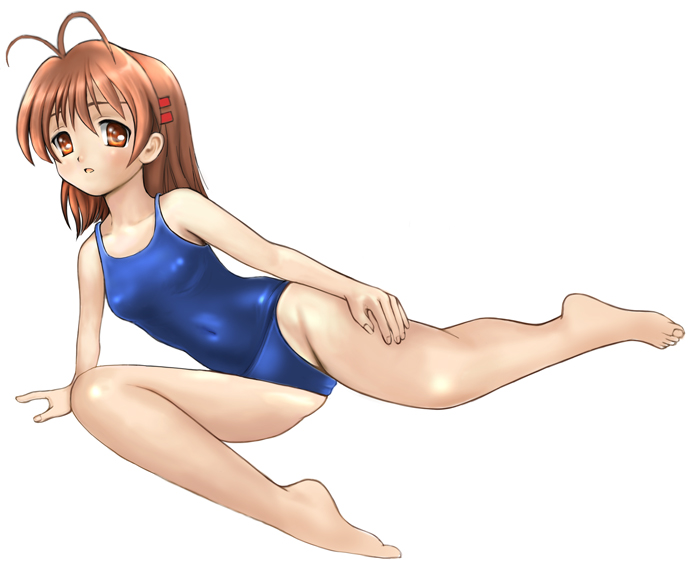 kouhei (sxmas), furukawa nagisa, clannad, 00s, 1girl, antenna hair, barefoot, female focus, lying, on side, one-piece swimsuit, school swimsuit, solo, swimsuit