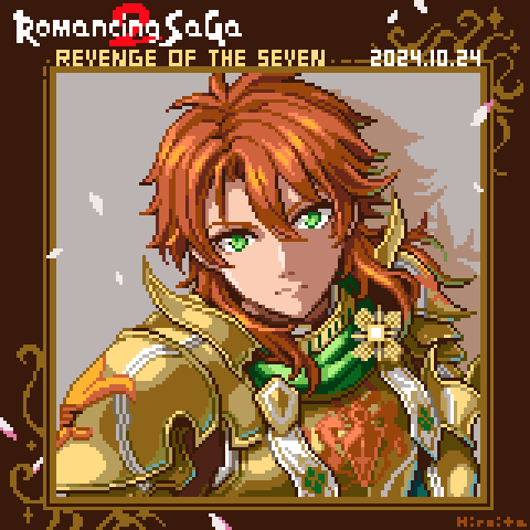 hiroita, gellard (romancing saga 2), romancing saga 2, saga, commentary request, lowres, 1boy, armor, border, closed mouth, copyright name, expressionless, gold armor, green eyes, grey background, hair between eyes, long hair, looking at viewer, male focus, ornate border, petals, pixel art, portrait, solo